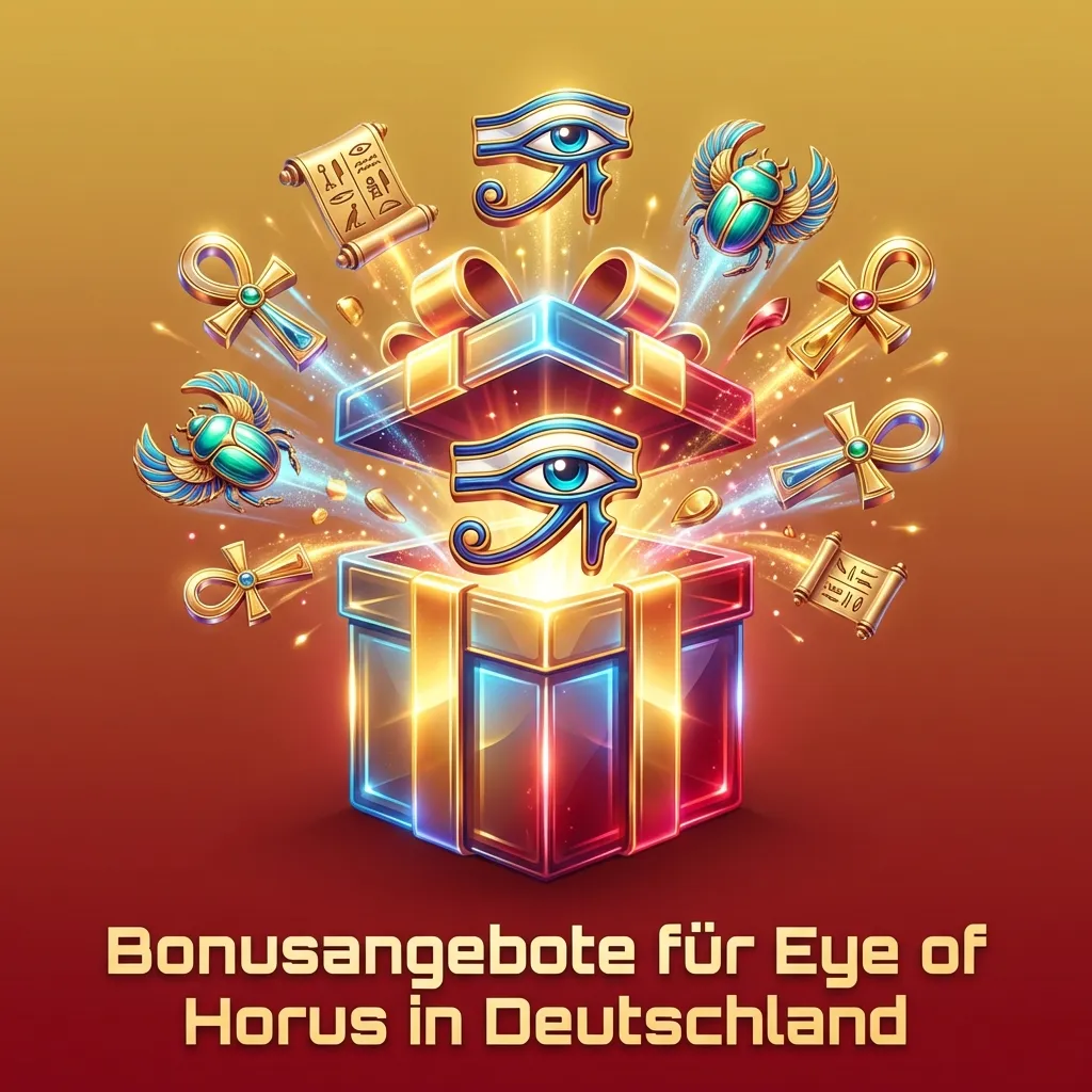 Grafik zu deutschen Online-Casino-Bonusangeboten mit Eye of Horus, Freispiele, Reload- und Cashback-Aktionen