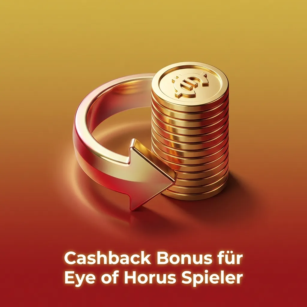 Werbebanner: Cashback Bonus für Eye of Horus Spieler mit Slot-Symbolen und hervorgehobener Rückerstattung von Verlusten