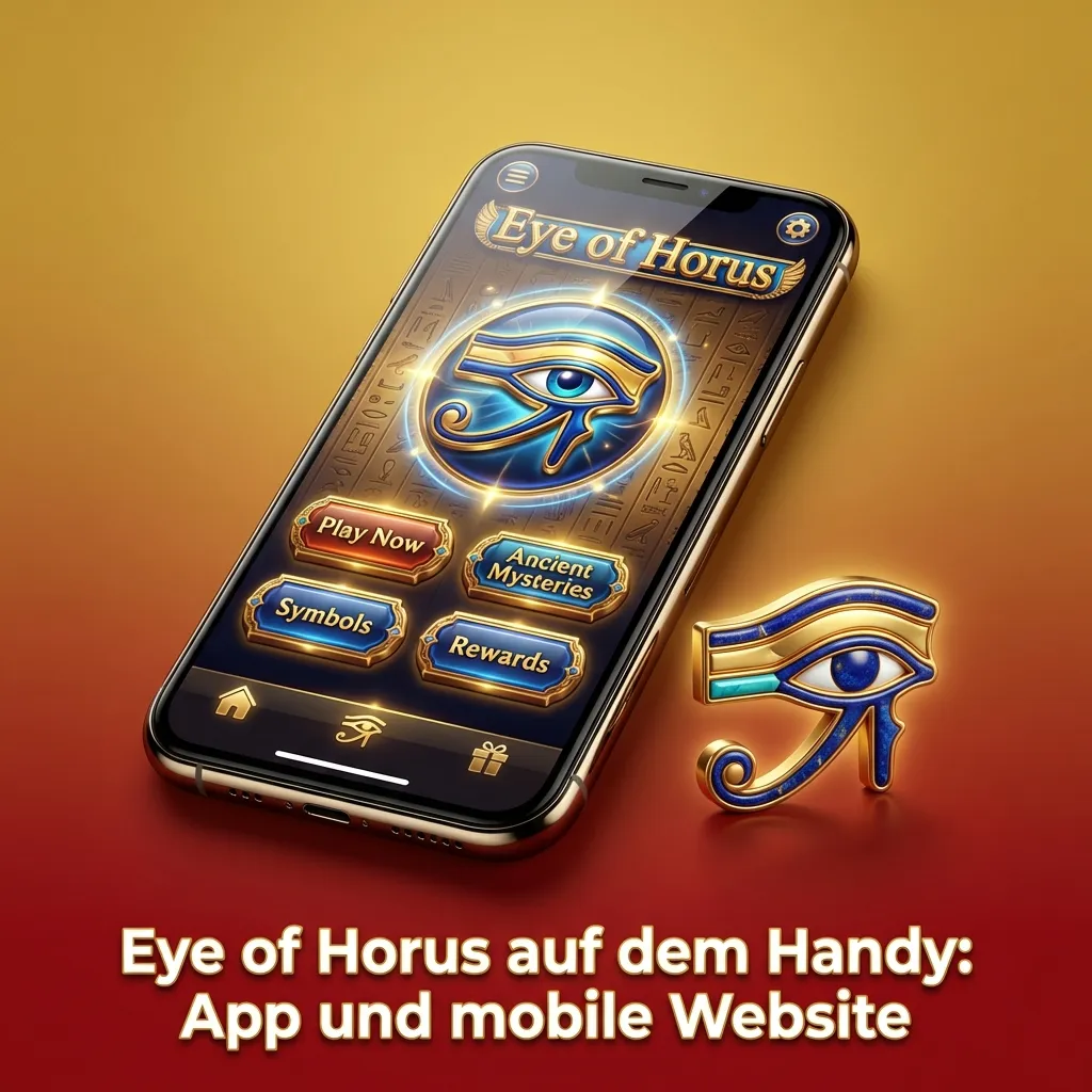 Smartphone mit Eye of Horus Slot-Spiel auf dem Bildschirm, daneben Text zu Vorteilen mobiler Casino-Apps und Websites