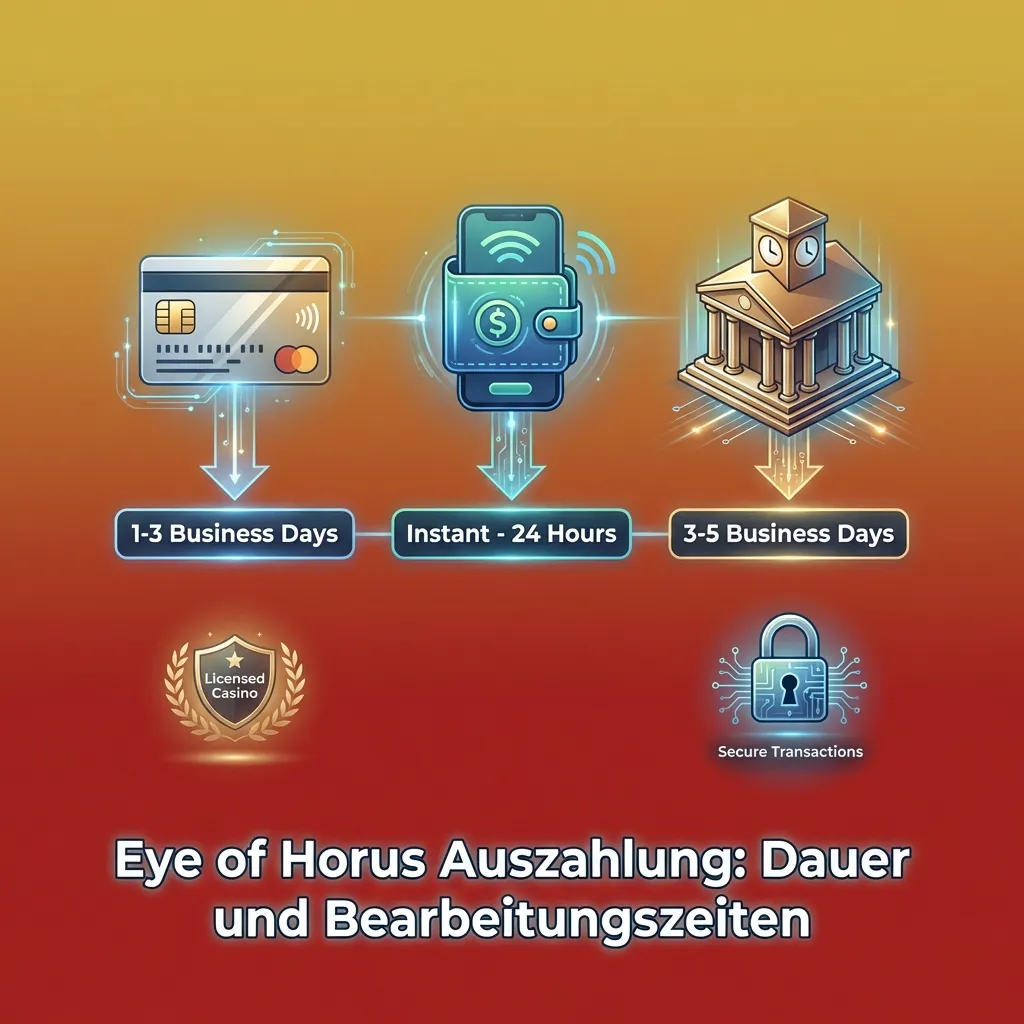 Grafik zu Eye of Horus Auszahlungsdauer mit Icons für E-Wallet, Banküberweisung, Karte und Zeitangaben in Tagen