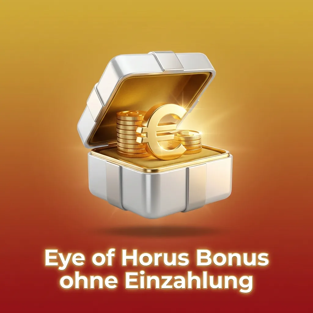 Grafik zu „Eye of Horus Bonus ohne Einzahlung“ mit Slot-Symbolen, Free-Spins-Hinweis und Casino-Startguthaben-Text