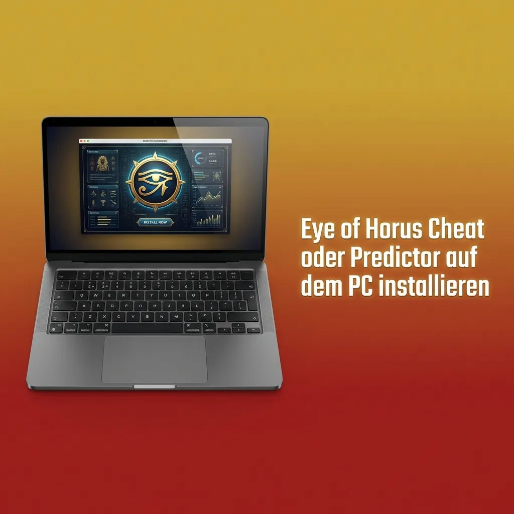 Laptop mit geöffneter Eye of Horus Predictor Software, Installationsschritte und Sicherheitshinweise auf dem Bildschirm
