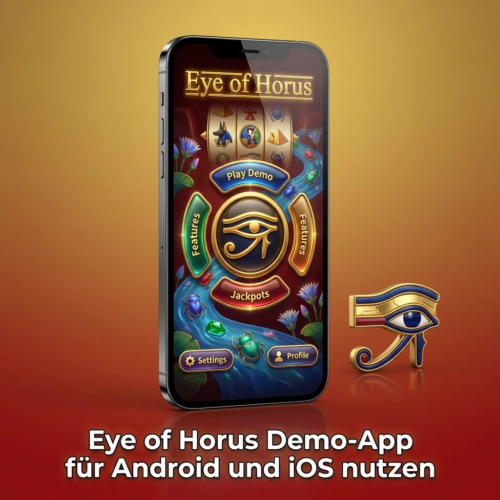 Smartphone mit geöffneter Casino-App, Eye of Horus Slot im Demo-Modus auf dem Display sichtbar