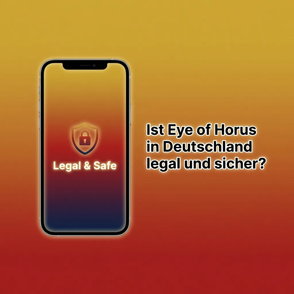 Illustration of Eye of Horus Slot auf einem Laptop mit deutschem Rechtssymbol und Sicherheitsschloss für lizenziertes, faires Spielen