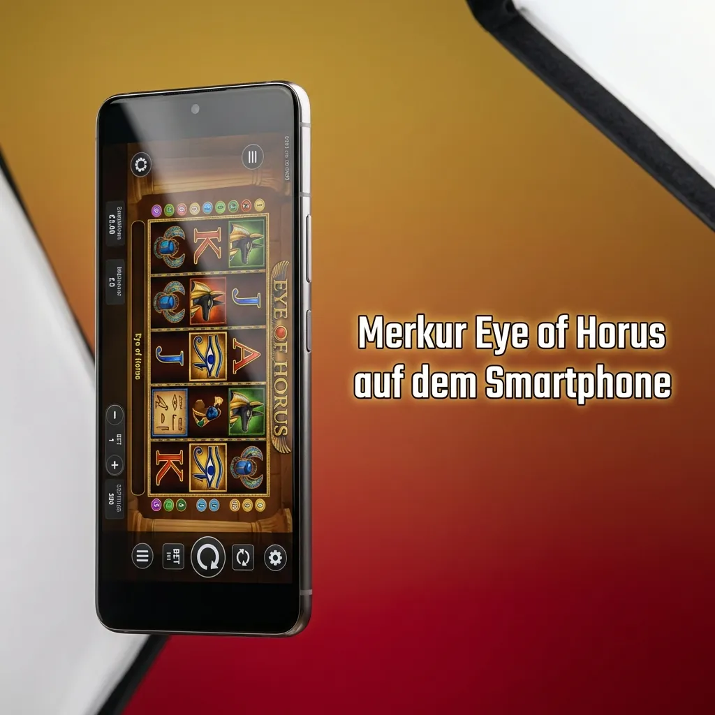Smartphone zeigt Merkur Eye of Horus Slot mit gut sichtbaren Buttons und Symbolen auf mobilem Bildschirm