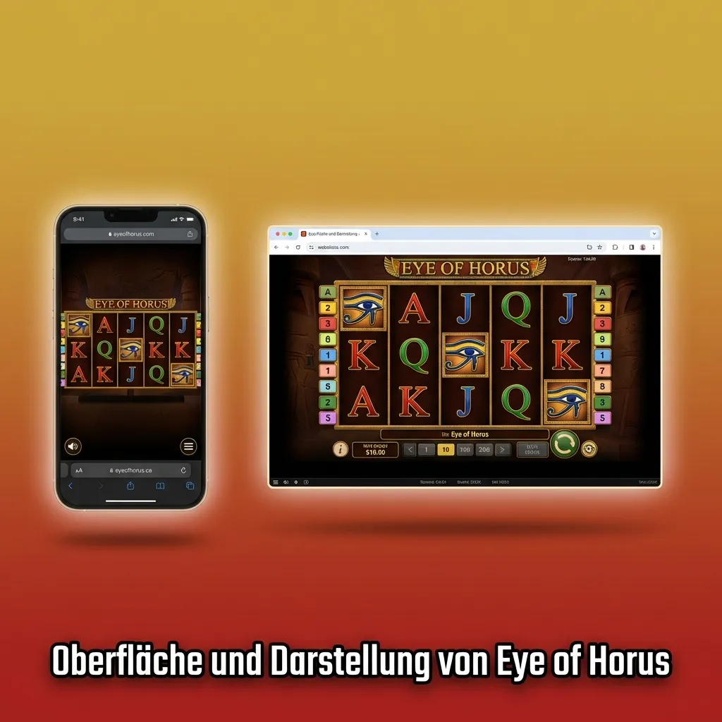 Eye of Horus Slot mit fünf Walzen, Gewinnlinien an den Seiten und Bedienleiste unten, mobil optimiertes Layout