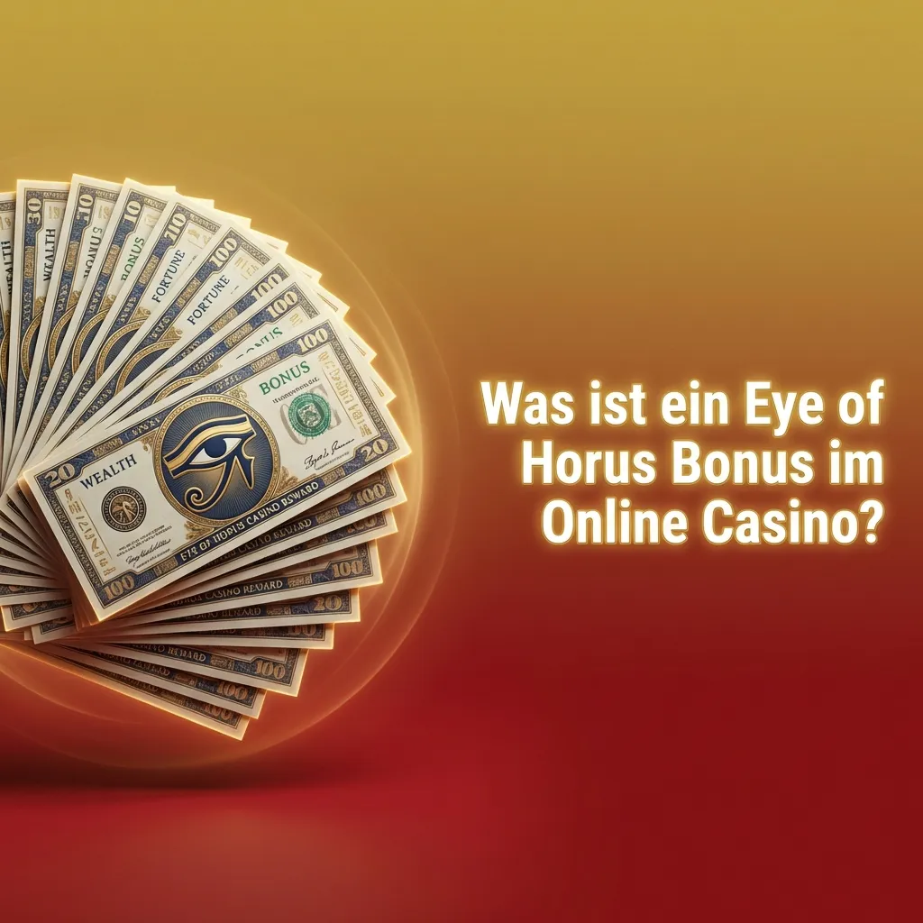 Illustration of Eye of Horus slot on a laptop with casino bonus symbols, coins and “Bonus” banners in German text