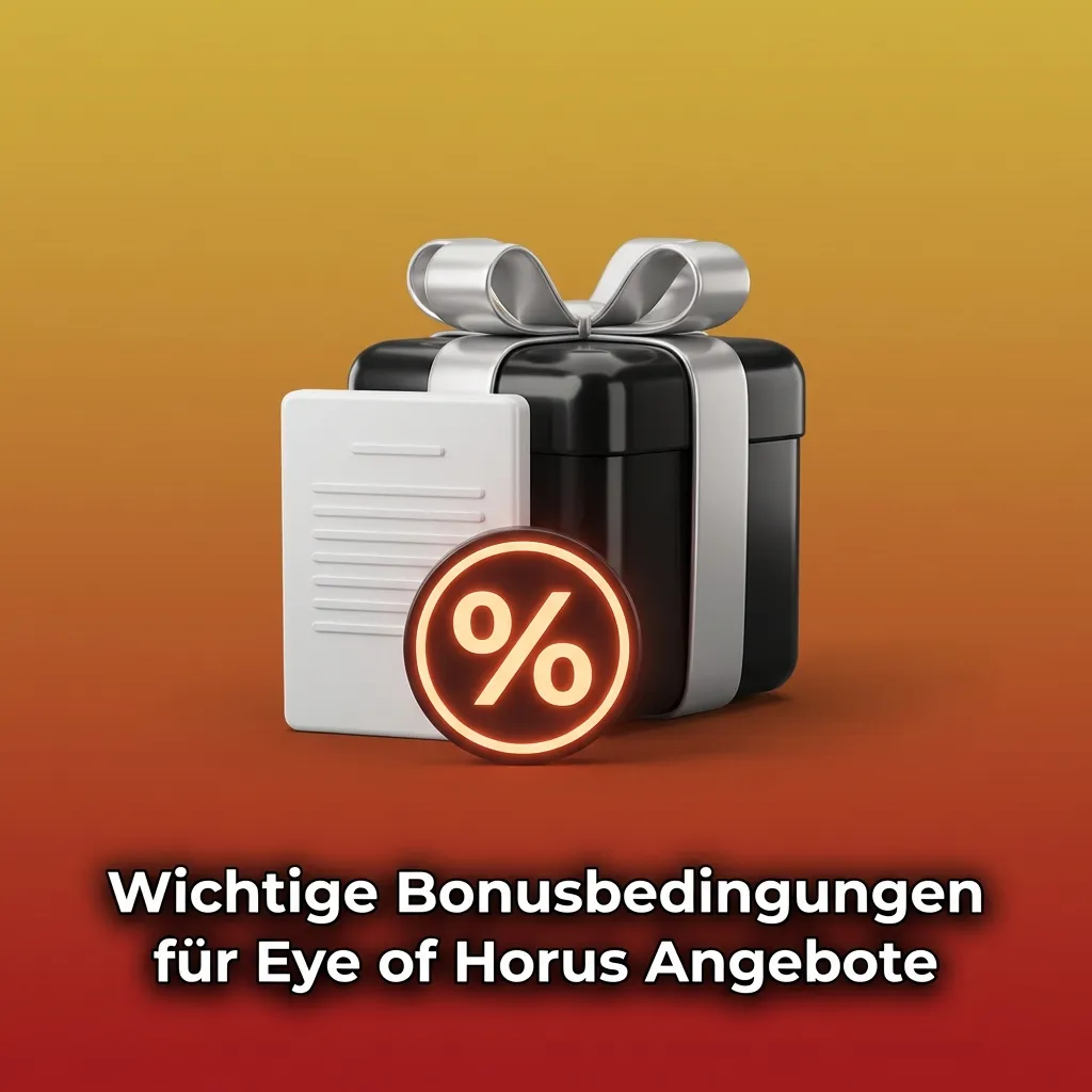 Infografik zu Eye of Horus Bonusbedingungen mit Icons für Umsatzanforderung, Frist, Einsatzlimit, Spielgewichtung und Maximalgewinn