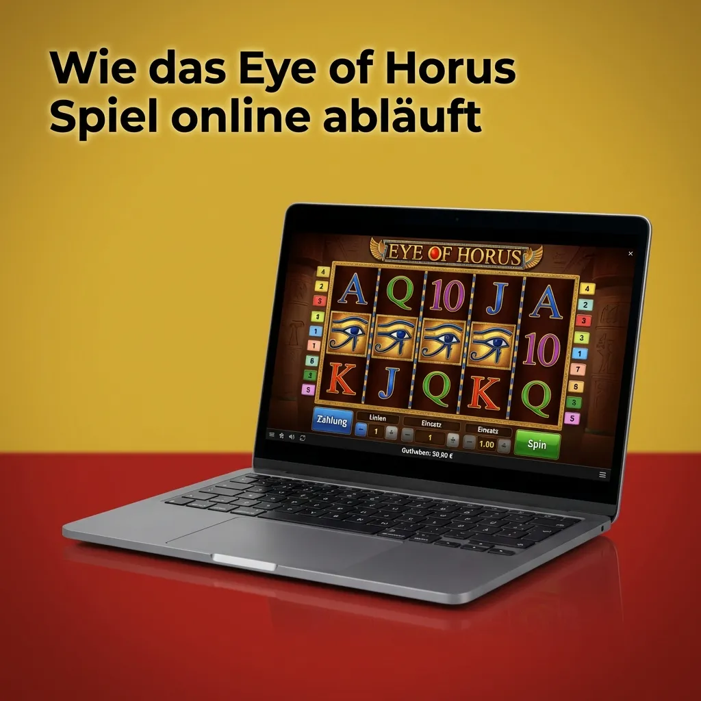 Online-Slot Eye of Horus mit 5 Walzen, 3 Reihen, Gewinnlinien, Horus-Wild, Scatter-Freispielen und Einsatz-Buttons