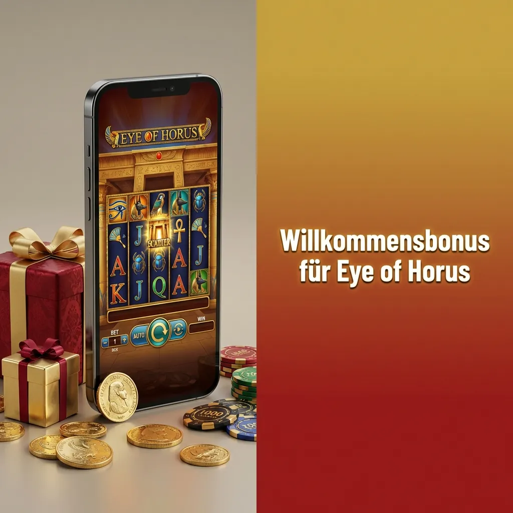 Banner zum Willkommensbonus für Eye of Horus mit Prozentzeichen, Münzen und Freispiel-Symbolen für neue Spieler