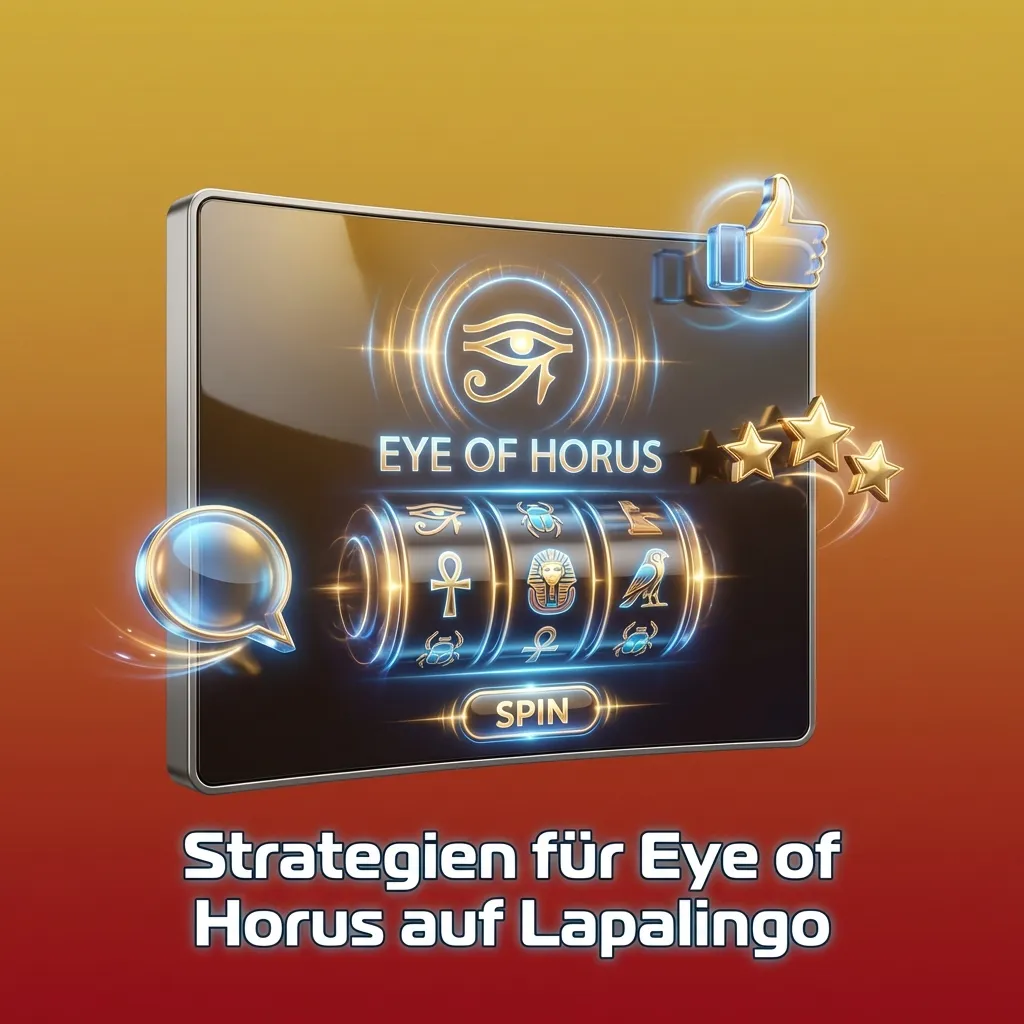 Bildschirm mit Eye of Horus Slot auf Lapalingo, daneben Tipps zu Einsatzstrategie, Boni, Budget und Pausen im Spiel