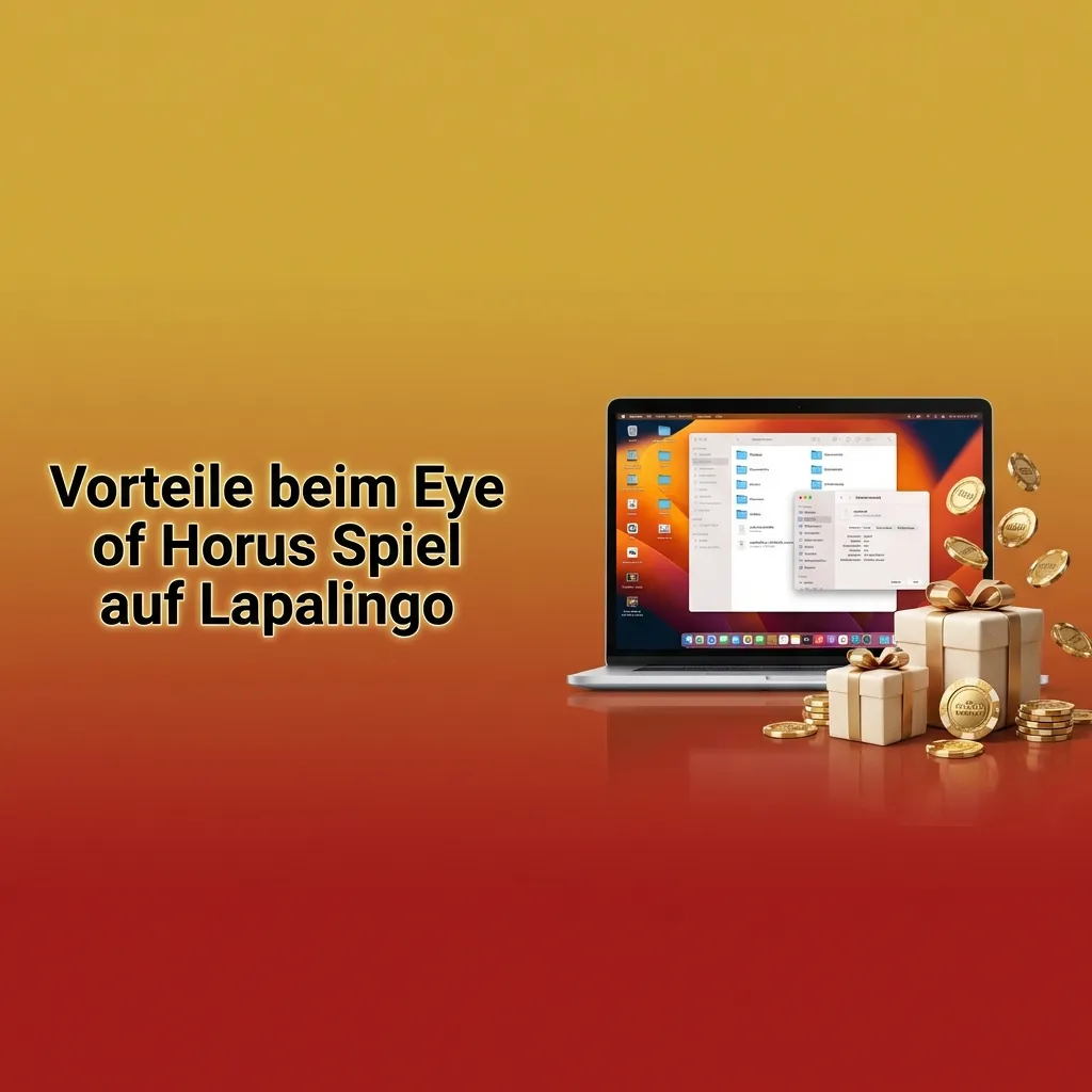 Banner mit Eye of Horus Slot auf Lapalingo und Liste der Vorteile wie Lizenz, Stabilität, Zahlungen und deutschem Support