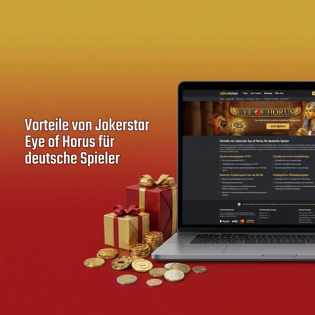 Infografik zu Jokerstar Eye of Horus: lizenzierter Slot, Demo im Browser, mobil optimiert, deutsche Zahlungen und Support